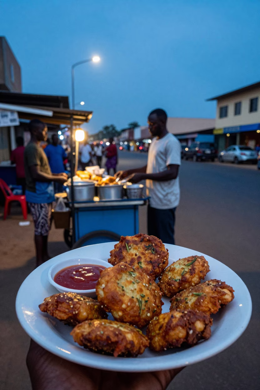 Evening street food scene in Accra Ghana with plate of fritters and tiffin tin in in Accra, Ghana