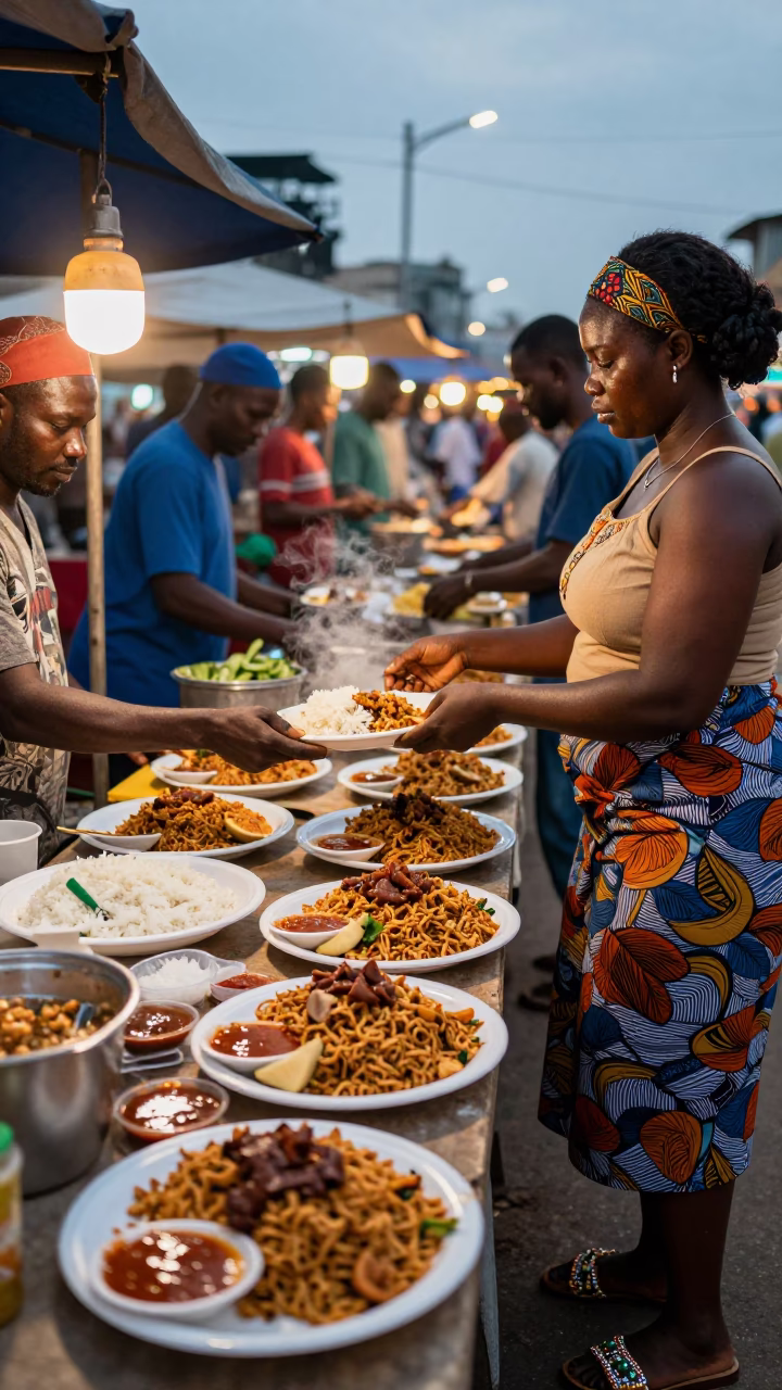 Evening Street Food Scene in Accra Ghana with Waakye Plate in in Accra, Ghana