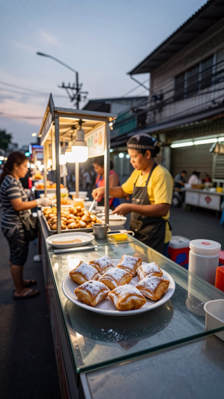Evening Street Food Scene in Bangkok Thailand with Glass Countertop and Traditional Snacks in in Bangkok, Thailand