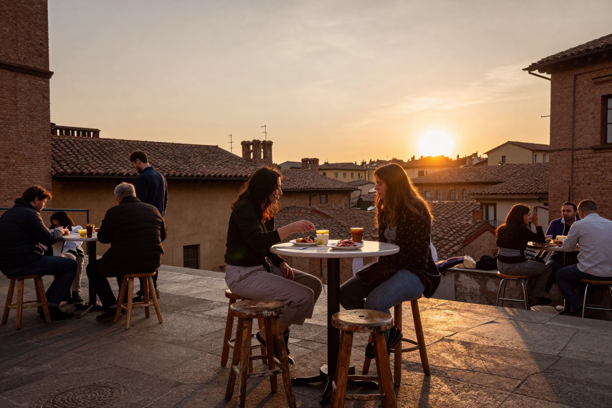 Evening Street Food Scene in Bologna Italy with Wooden Stool and Local Dining in in Bologna, Italy
