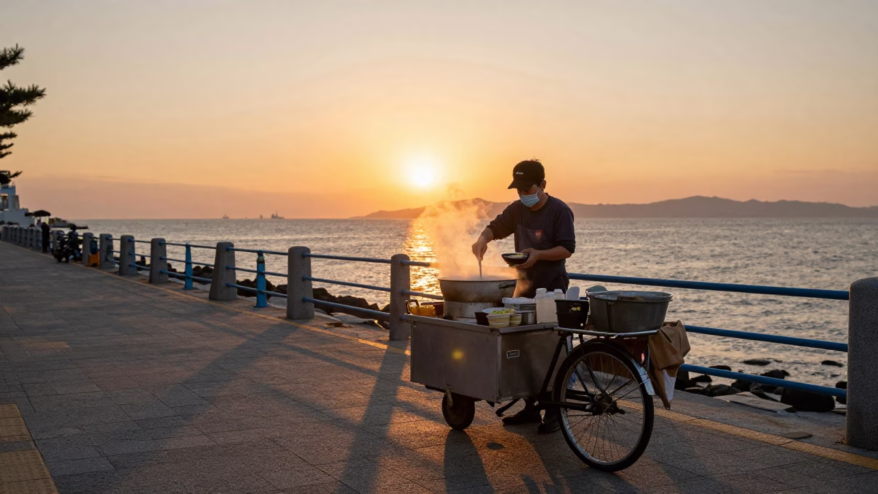 Evening Street Food Scene in Busan South Korea with Ramen and Bicycle Basket in in Busan, South Korea