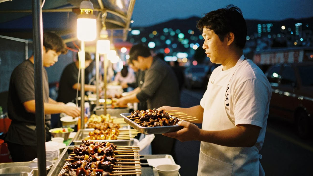 Evening Street Food Scene in Busan South Korea with Skewers and City Lights in in Busan, South Korea