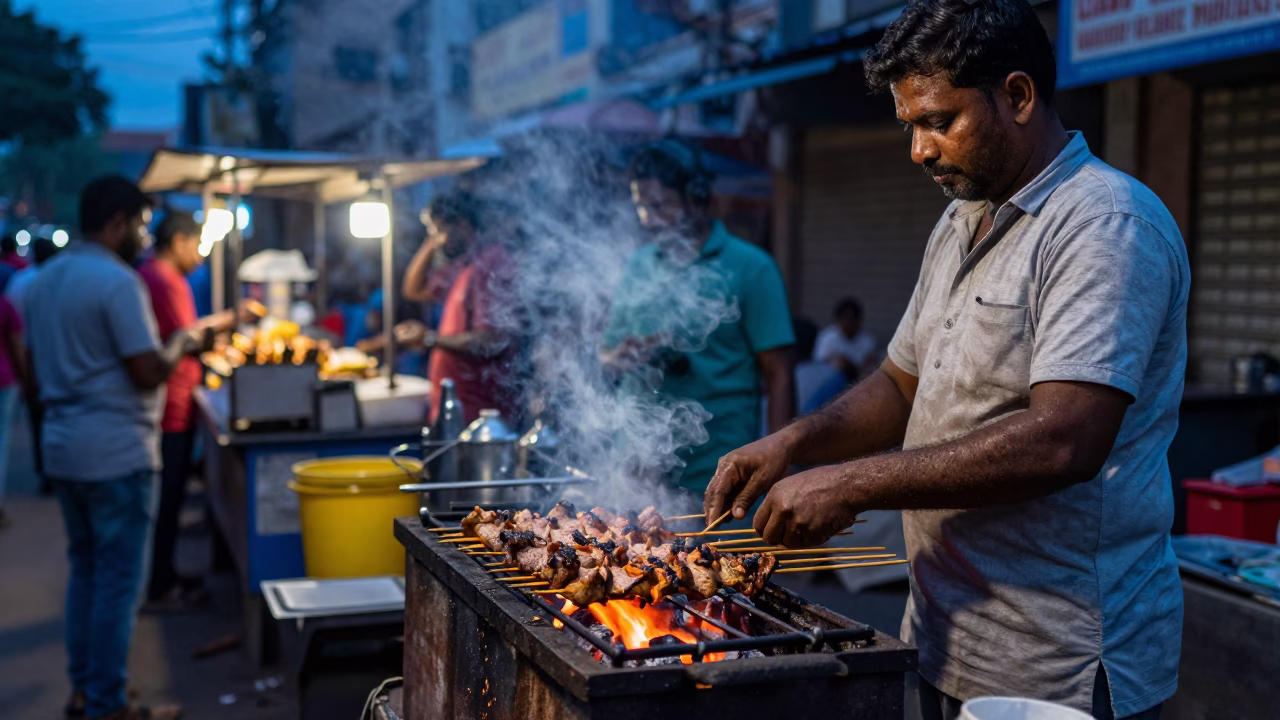 Evening Street Food Scene in Chennai India with Grilled Kebab and Vintage Vespa in in Chennai, India