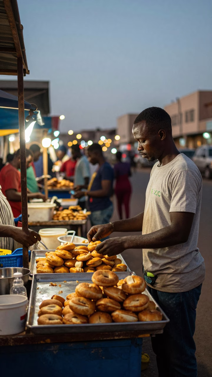 Evening Street Food Scene in Dakar Senegal with Local Vendor and City Lights in in Dakar, Senegal
