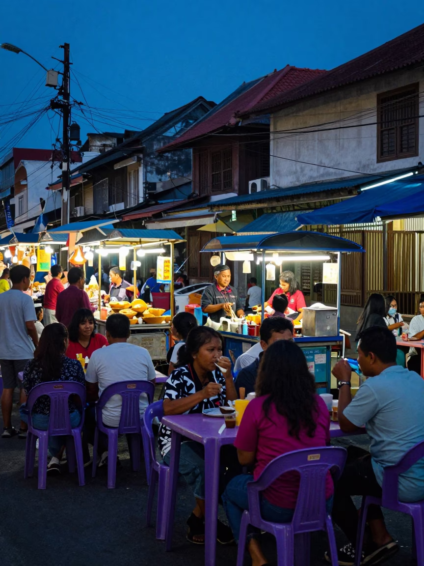 Evening Street Food Scene in Denpasar Indonesia with Local Diners in in Denpasar, Indonesia