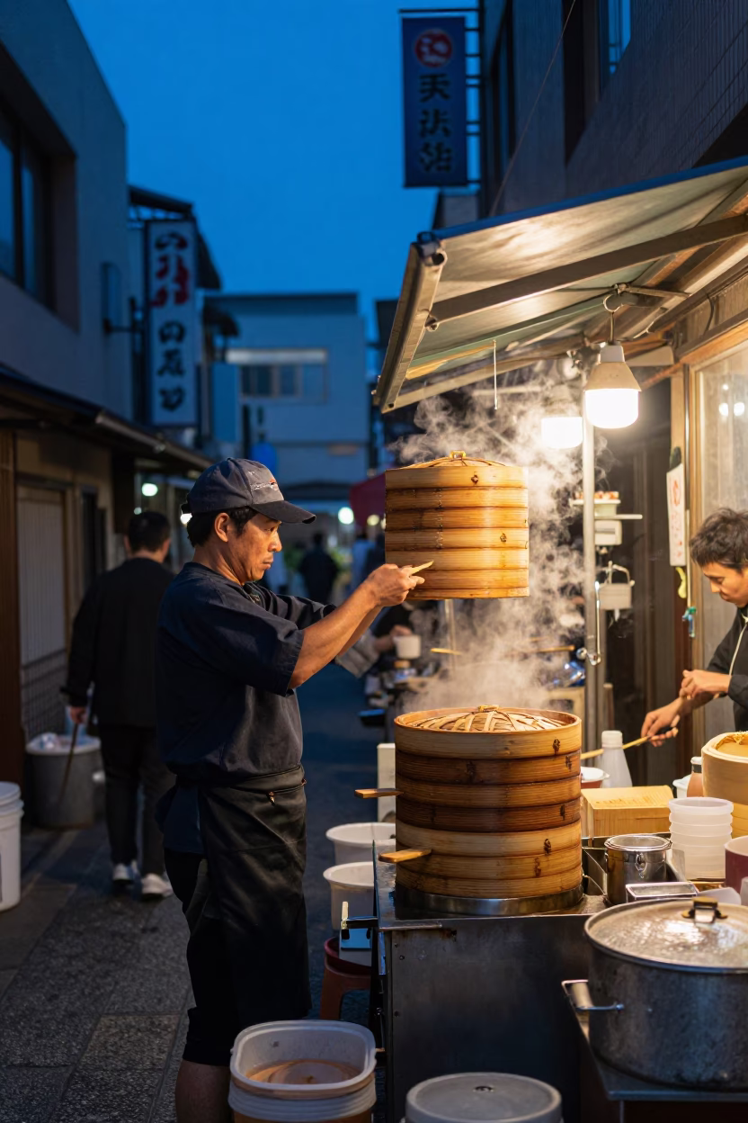 Evening Street Food Scene in Fukuoka Japan with Bamboo Steamers and Brushed Steel Tables in in Fukuoka, Japan