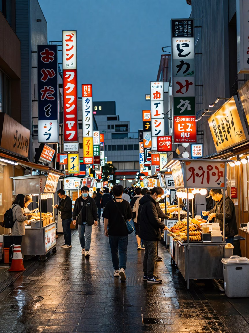 Evening Street Food Scene in Fukuoka Japan with Colorful Neon Signs and Local Diners in in Fukuoka, Japan