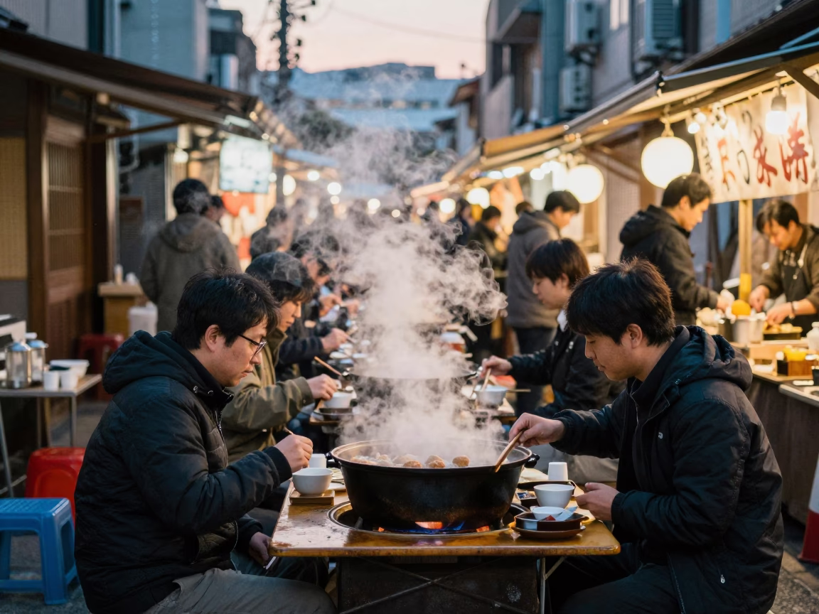 Evening Street Food Scene in Fukuoka Japan with Steam and Local Dining in in Fukuoka, Japan