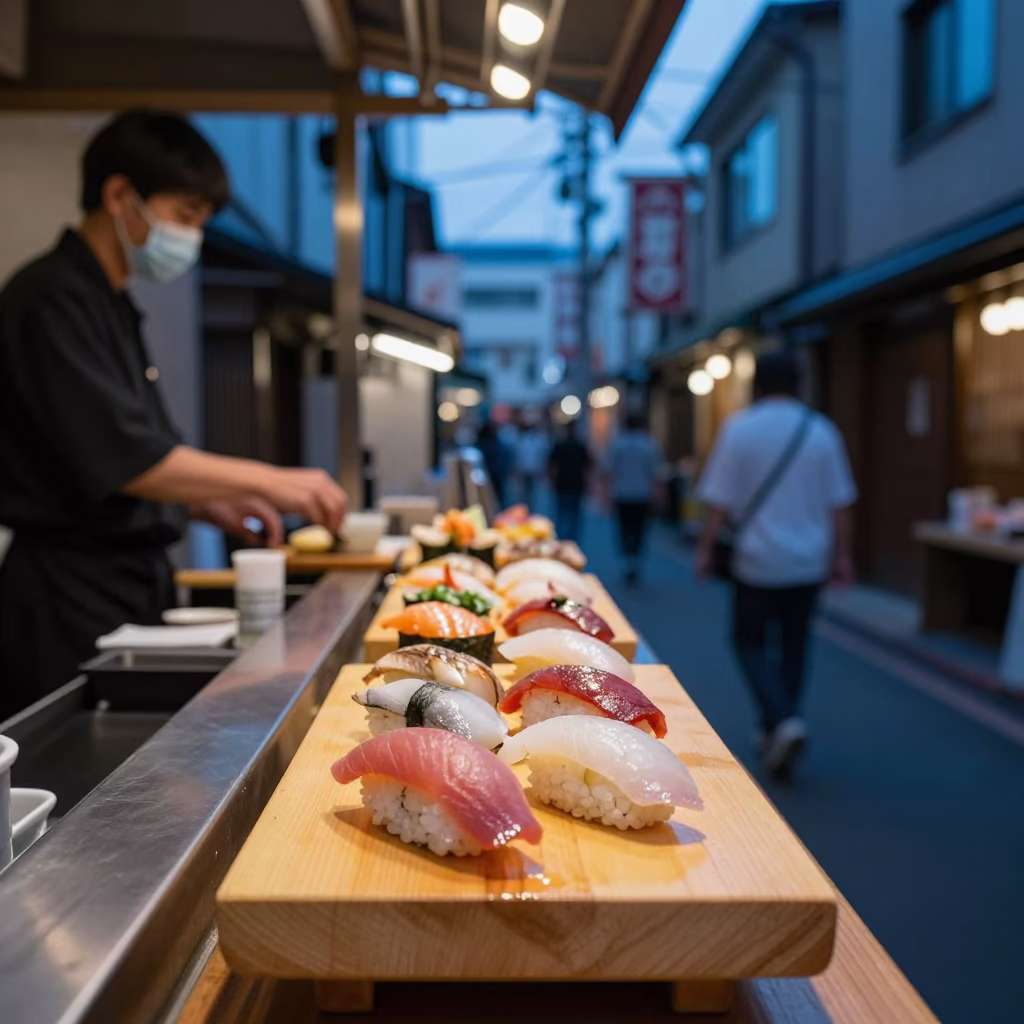Evening Street Food Scene in Fukuoka Japan with Sushi and Local Diners in in Fukuoka, Japan