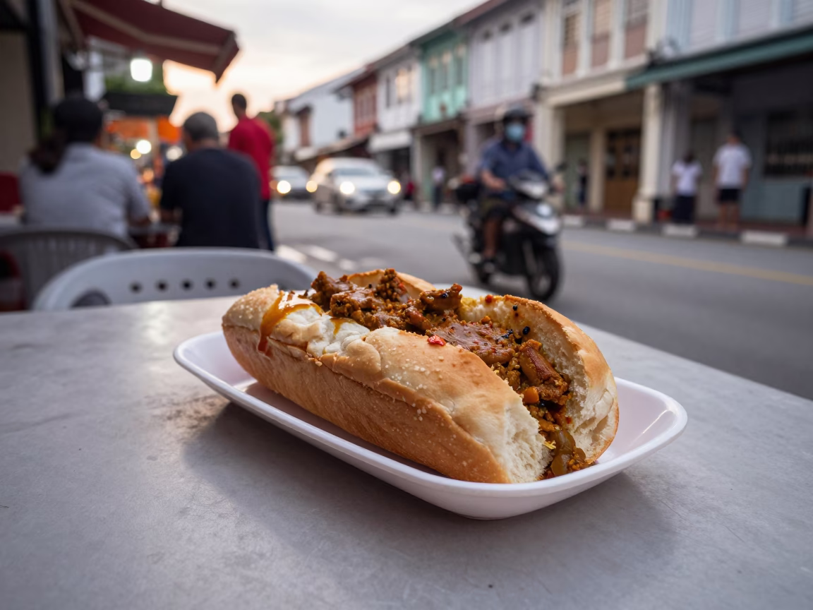 Evening Street Food Scene in George Town Malaysia with Plate of Bunny Chow Curry in in George Town, Malaysia