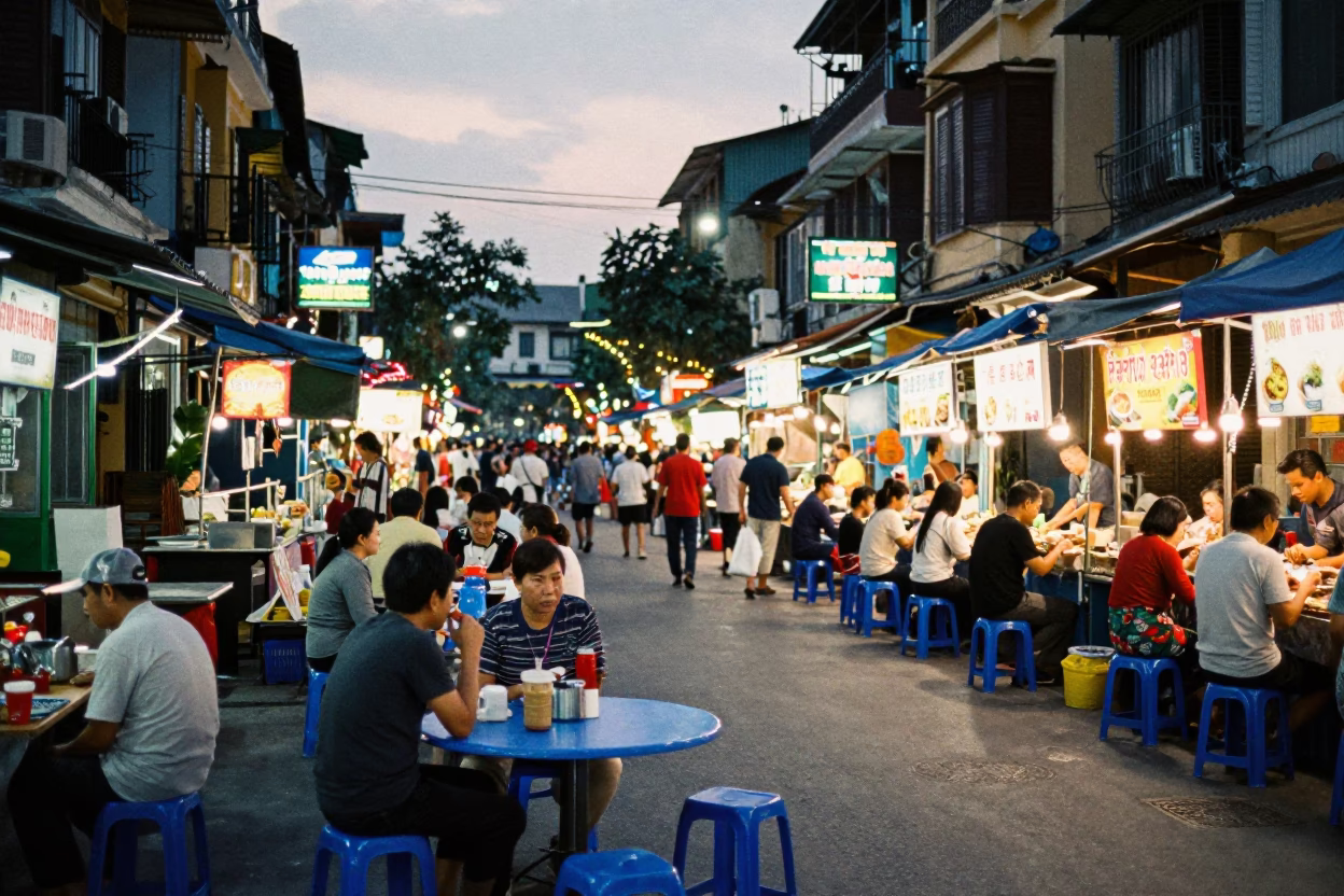 Evening Street Food Scene in Hanoi Vietnam with Night Market Activity and Local Dining in in Hanoi, Vietnam