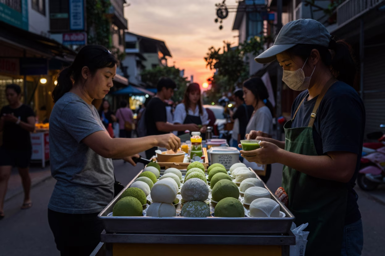 Evening Street Food Scene in Hanoi Vietnam with Wagashi and Matcha Sweets in in Hanoi, Vietnam