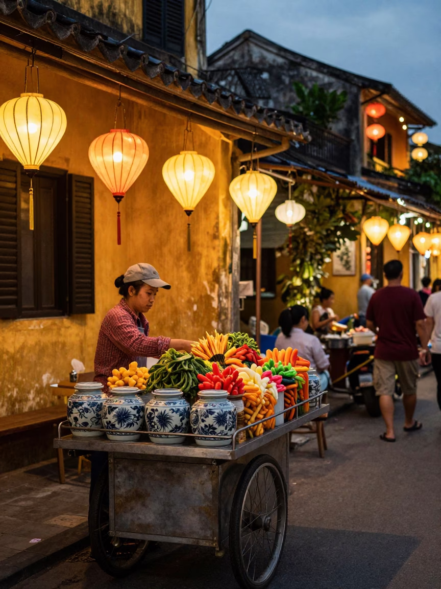 Evening Street Food Scene in Hoi An Vietnam with Lanterns and Local Dining in in Hoi An, Vietnam