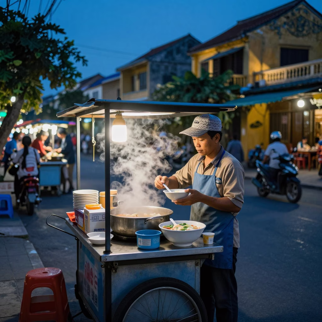Evening Street Food Scene in Hoi An Vietnam with Wonton Soup and Geraniums in in Hoi An, Vietnam