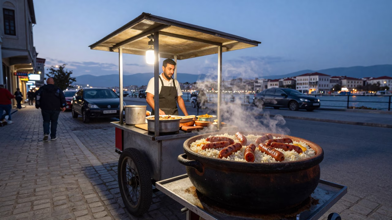 Evening street food scene in Izmir Turkey with claypot rice and geraniums in in Izmir, Turkey