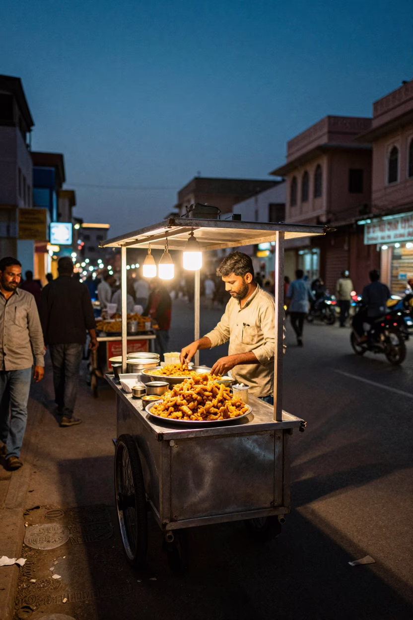 Evening Street Food Scene in Jaipur India with Plate of Aloo Tikki and Chutneys in in Jaipur, India