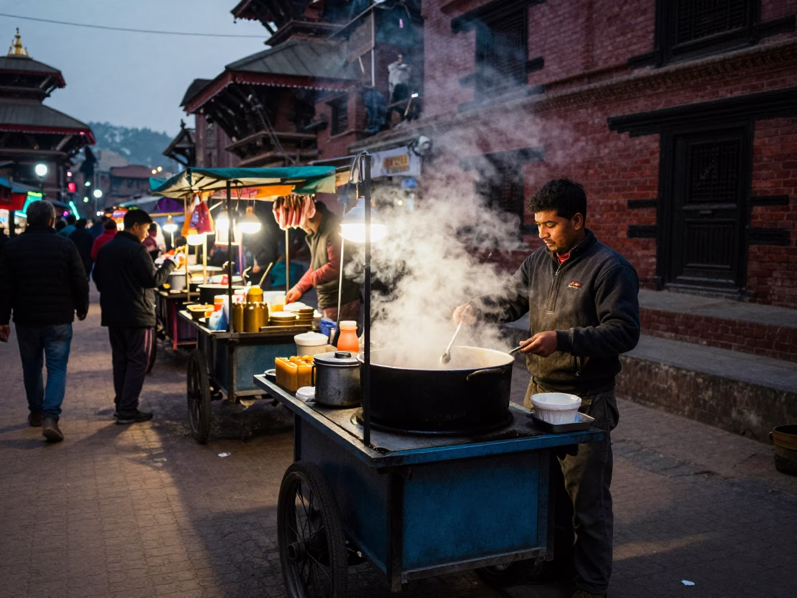 Evening Street Food Scene in Kathmandu Nepal with Steam and Local Vendor in in Kathmandu, Nepal