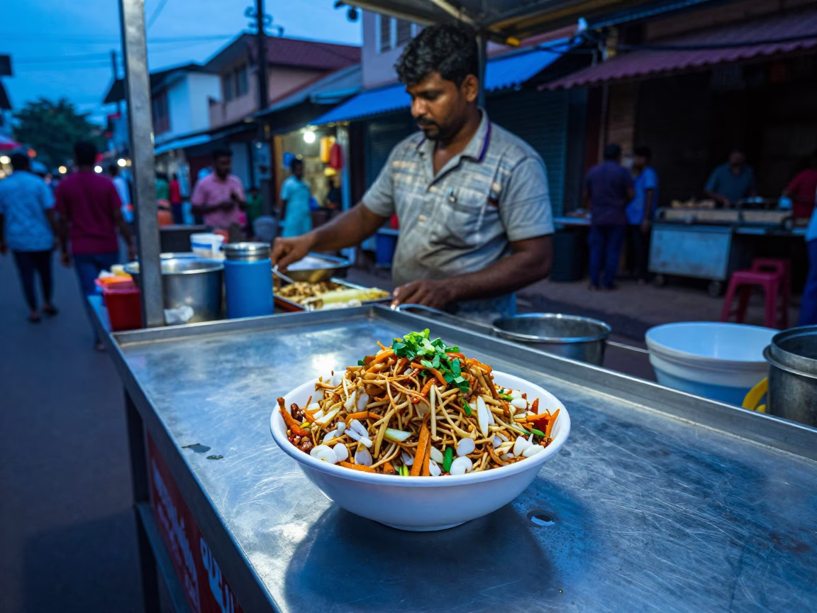 Evening Street Food Scene in Kochi India with Bowl of Chaat and Tamarind Chutney in in Kochi, India