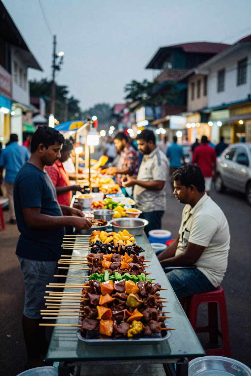 Evening street food scene in Kochi India with colorful skewers and glass bench in in Kochi, India