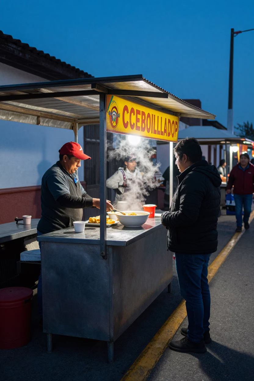 Evening Street Food Scene in Lima Peru with Ecuadorian Encebollado Soup Bowl in in Lima, Peru