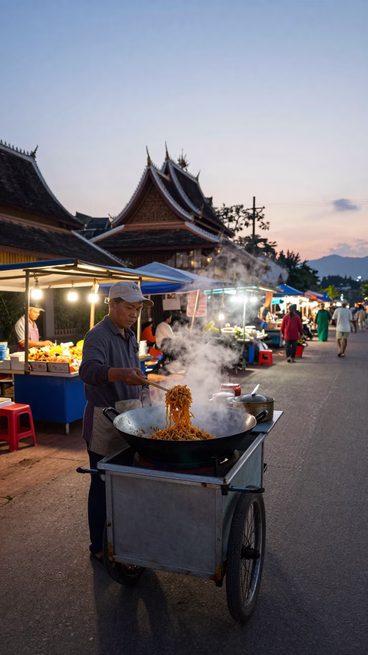 Evening Street Food Scene in Luang Prabang Laos with Pad Thai and Lime in in Luang Prabang, Laos