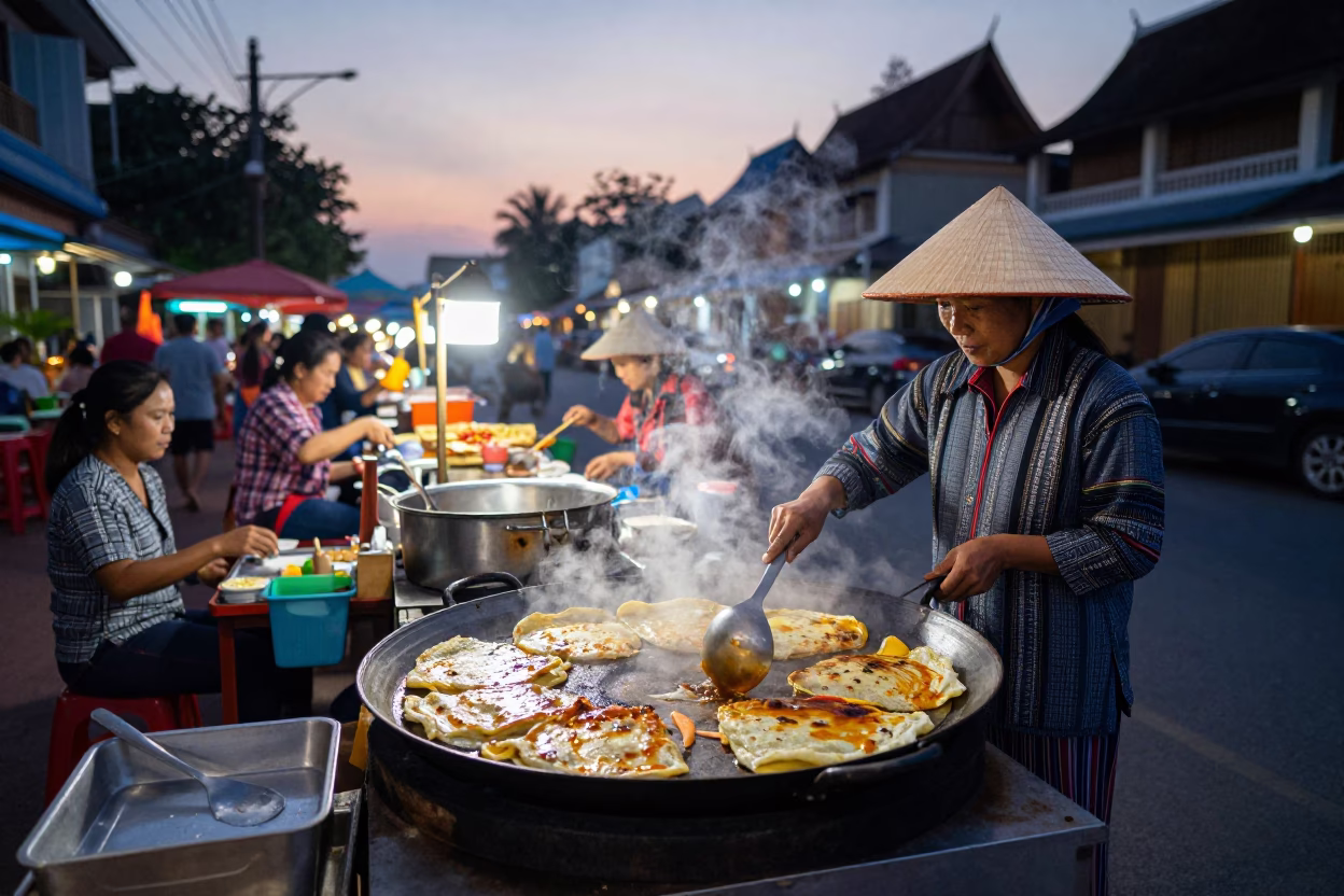 Evening Street Food Scene in Luang Prabang Laos with Sizzling Vietnamese Pancake in in Luang Prabang, Laos