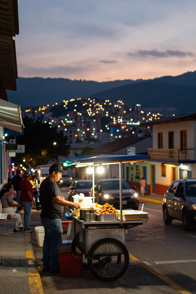 Evening Street Food Scene in Medellin Colombia with Chicken Shawarma and Pickles in in Medellin, Colombia