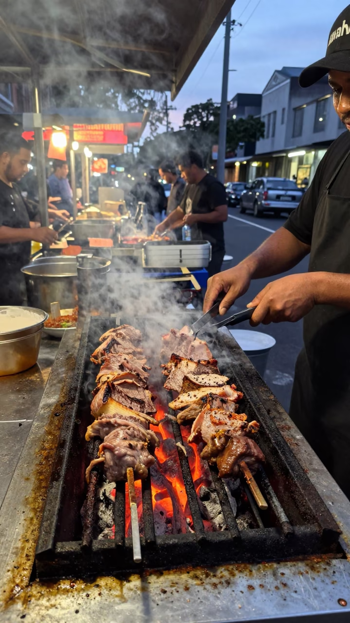Evening street food scene in Melbourne with kebab grill and urban backdrop in in Melbourne, Victoria, Australia