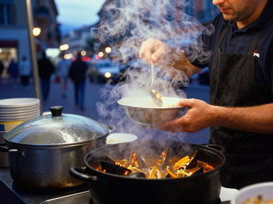 Evening Street Food Scene in Nice France with Bouillabaisse and Condensation in in Nice, France