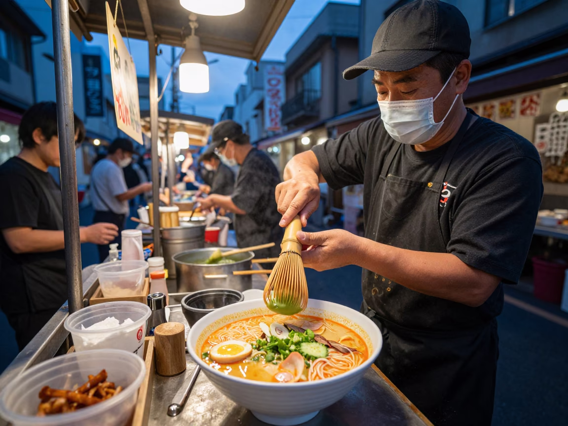 Evening Street Food Scene in Osaka Japan with Laksa Bowl and Matcha Whisking in in Osaka, Japan