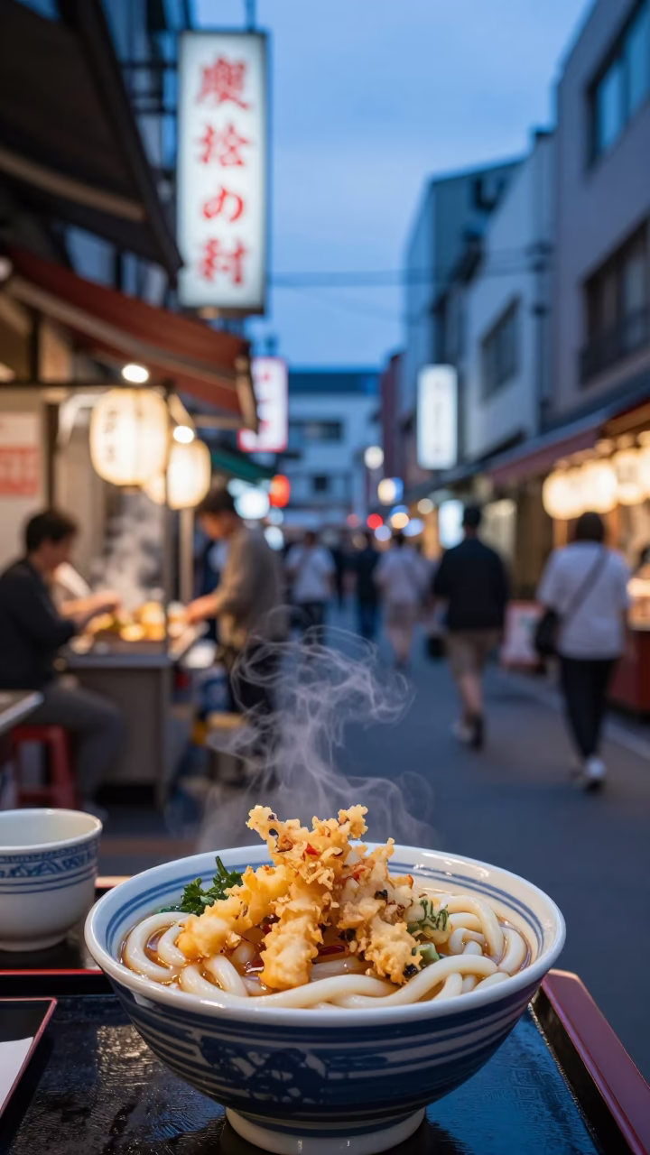 Evening Street Food Scene in Osaka Japan with Udon Bowl and Bonsai Shop Window in in Osaka, Japan