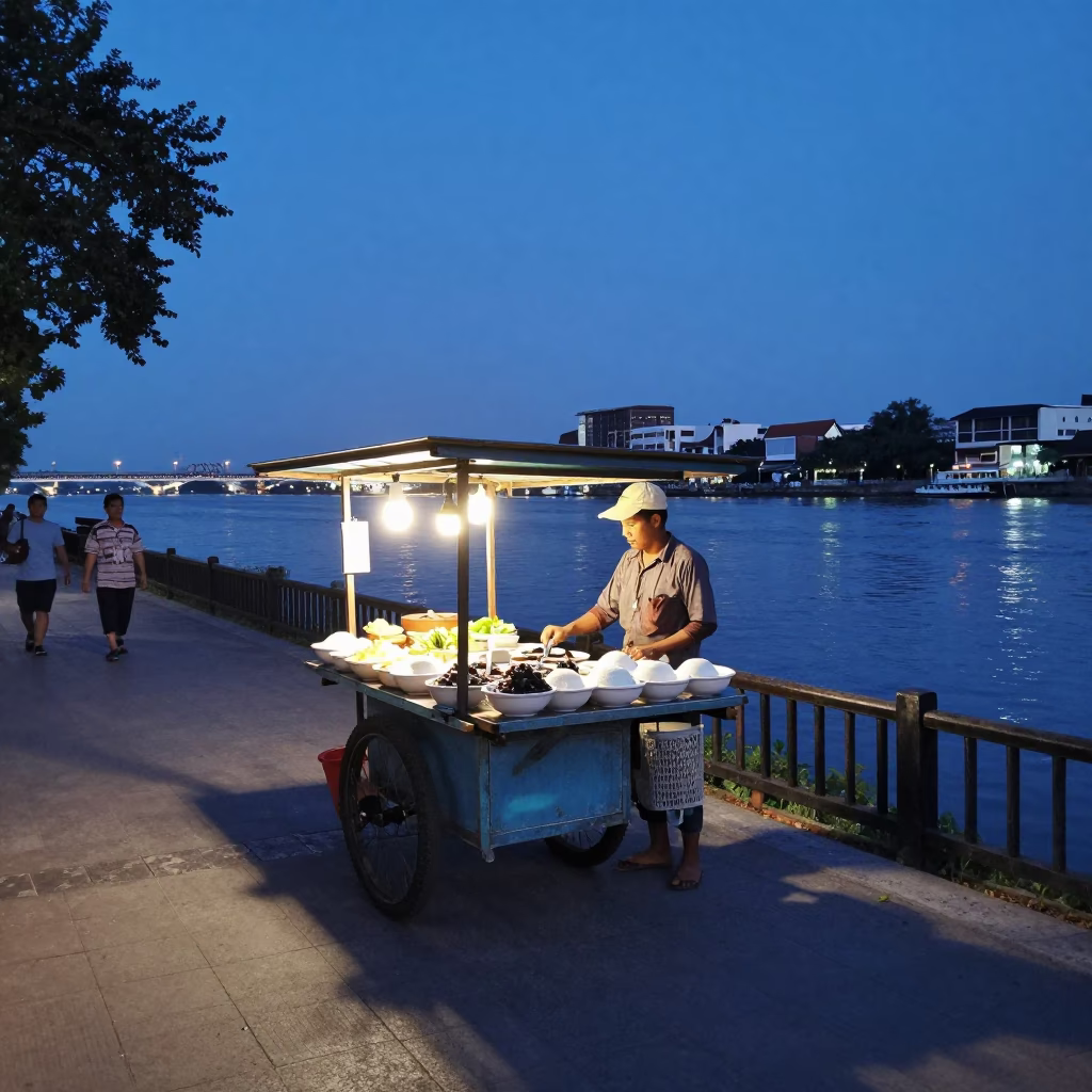 Evening Street Food Scene in Phnom Penh Cambodia with Traditional Dessert Bowl in in Phnom Penh, Cambodia