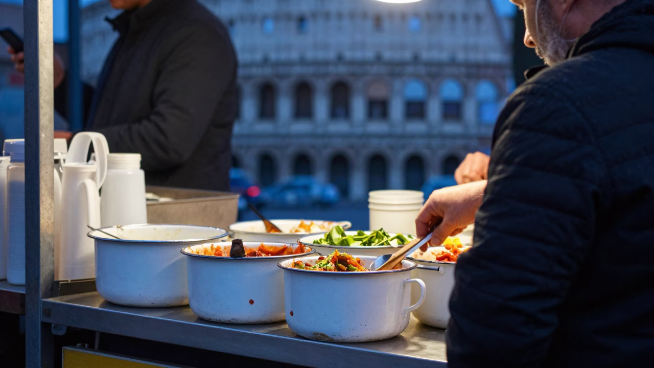Evening street food scene in Rome Italy with enamel bowls and pierogi in in Rome, Italy