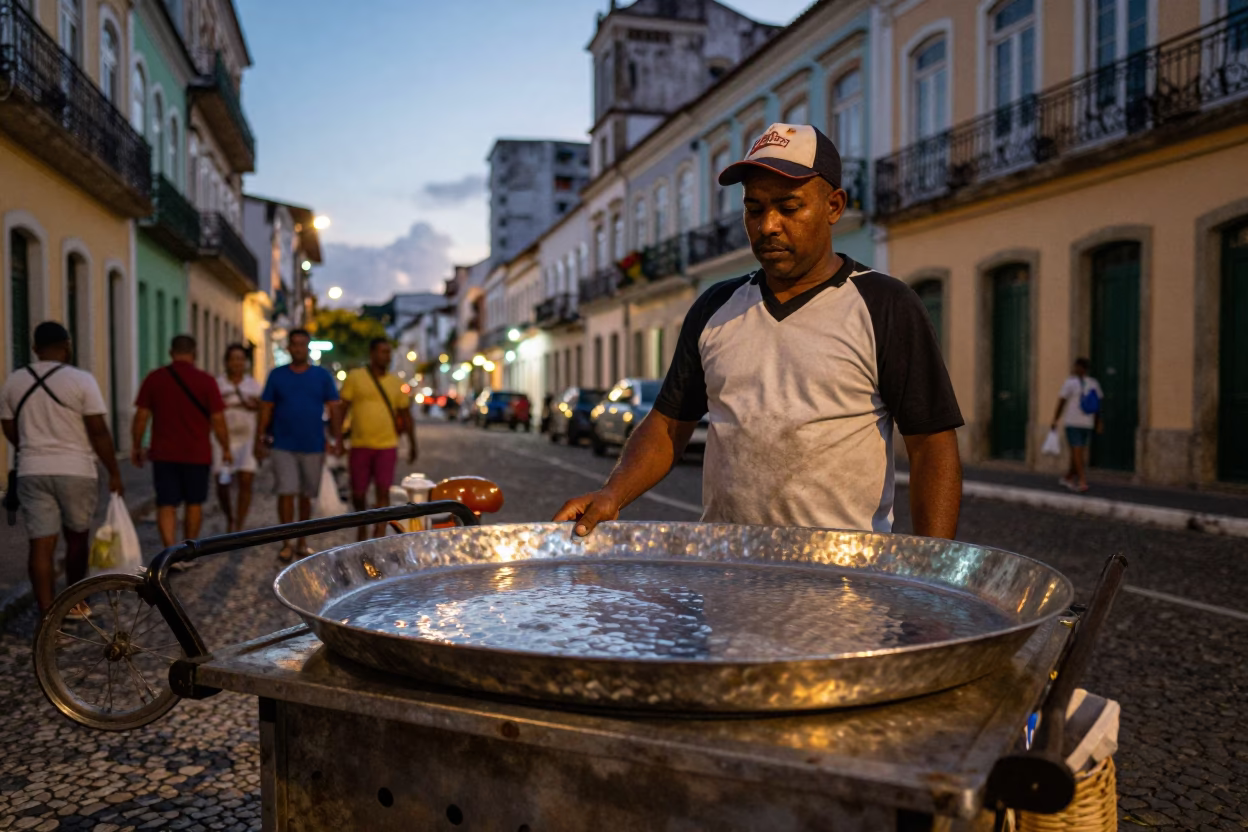 Evening Street Food Scene in Salvador Brazil with Hammered Metal and Apples in in Salvador, Brazil