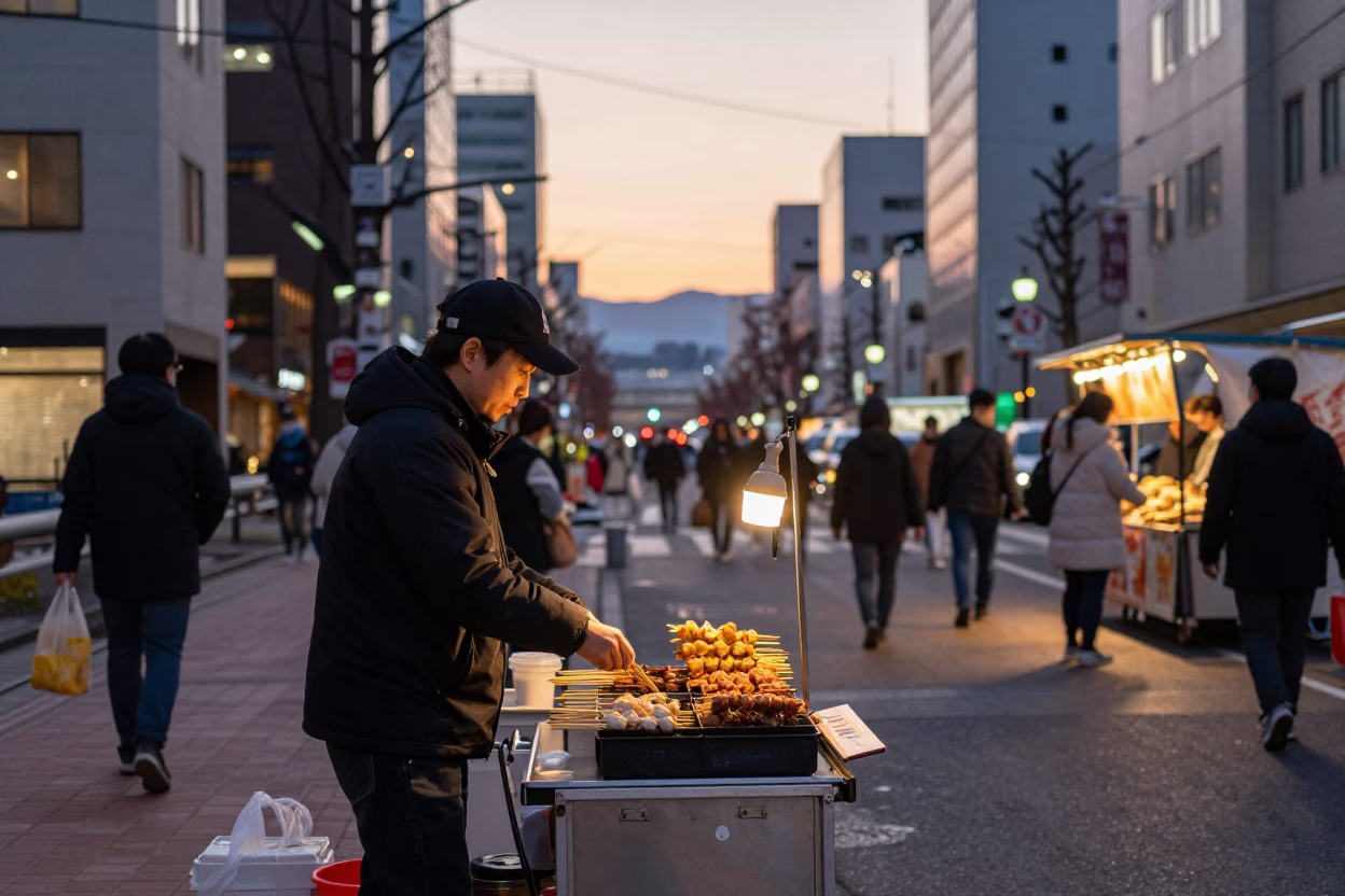 Evening Street Food Scene in Sapporo Japan with Skewers and Urban Lighting in in Sapporo, Japan