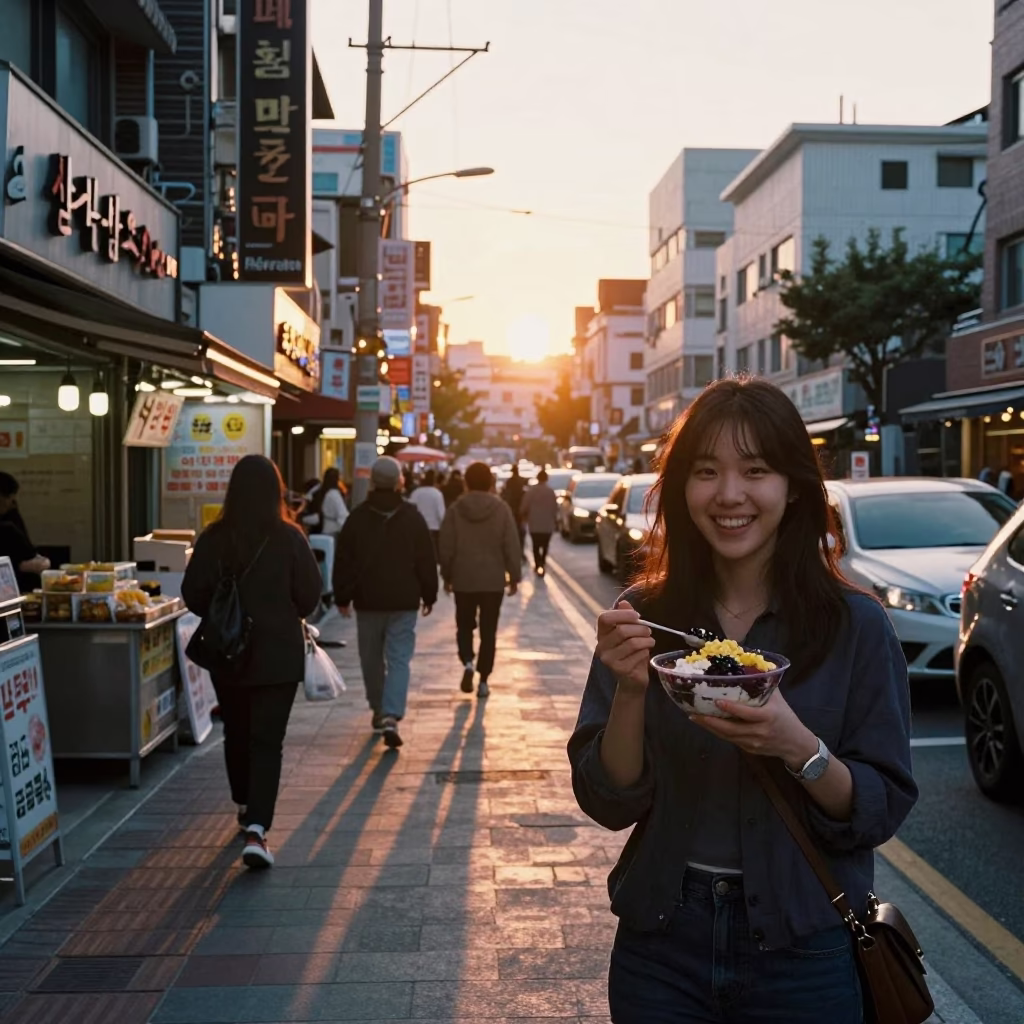 Evening Street Food Scene in Seoul with Acai Bowl and Glass Rim in in Seoul, South Korea