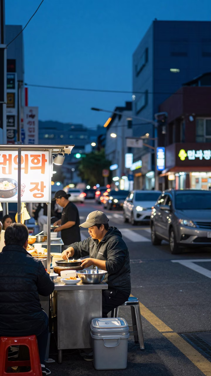 Evening Street Food Scene in Seoul with Pepper Soup and Sink Area in in Seoul, South Korea