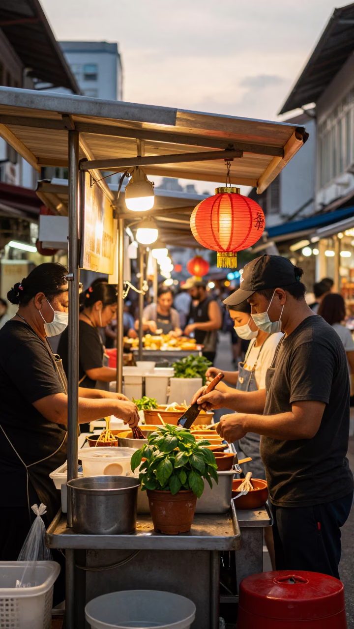 Evening Street Food Scene in Singapore with Basil Pot and Lanterns in in Singapore, Singapore