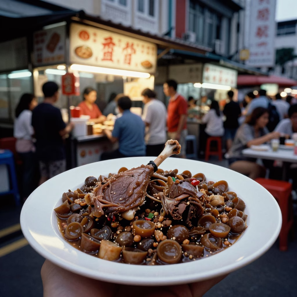 Evening Street Food Scene in Singapore with Cassoulet Plate and Wicker Basket Shadow in in Singapore, Singapore