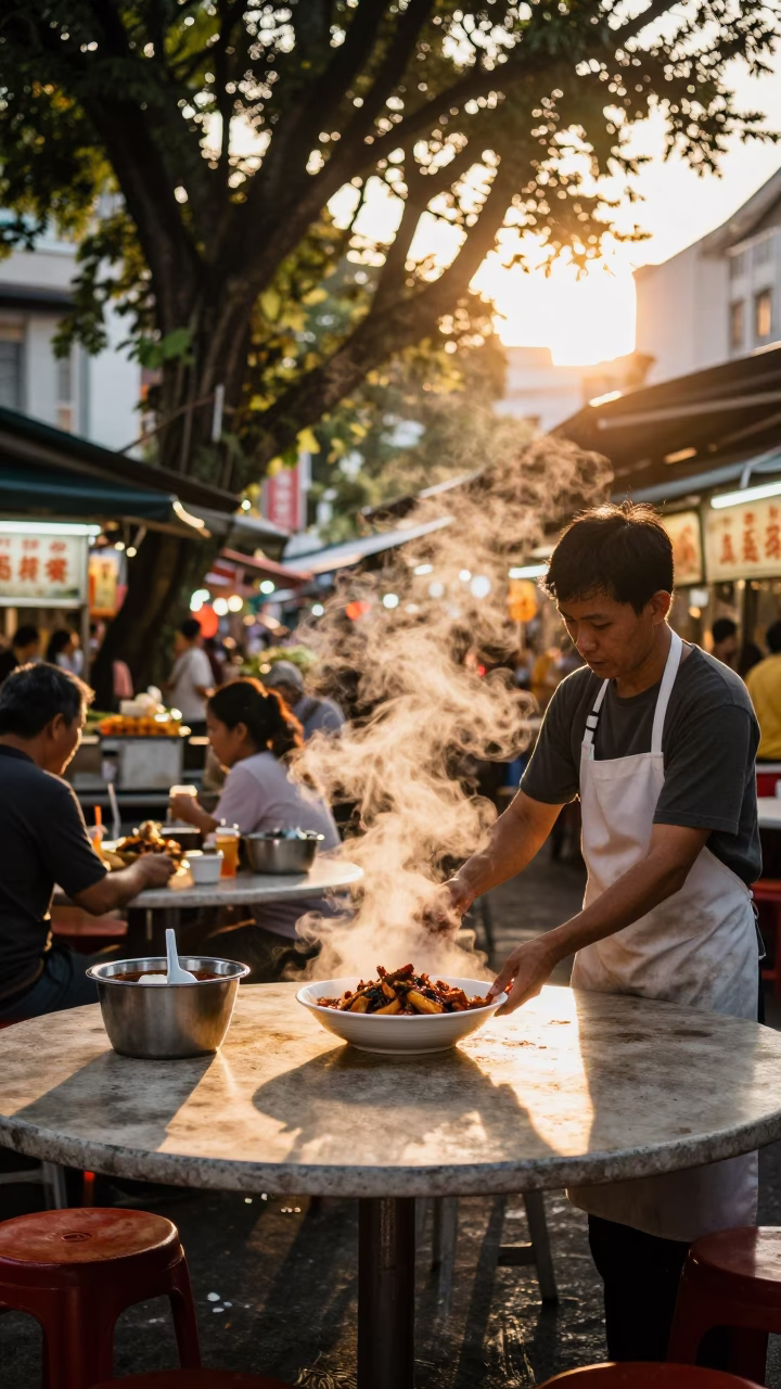 Evening street food scene in Singapore with steam rising from hot soup bowl in in Singapore, Singapore