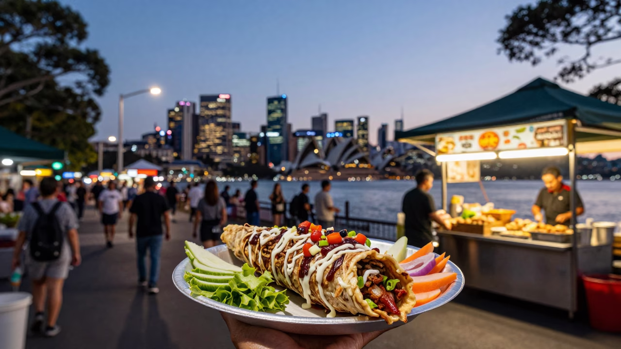 Evening street food scene in Sydney with shawarma plate and pickles near harbor lights in in Sydney, New South Wales, Australia