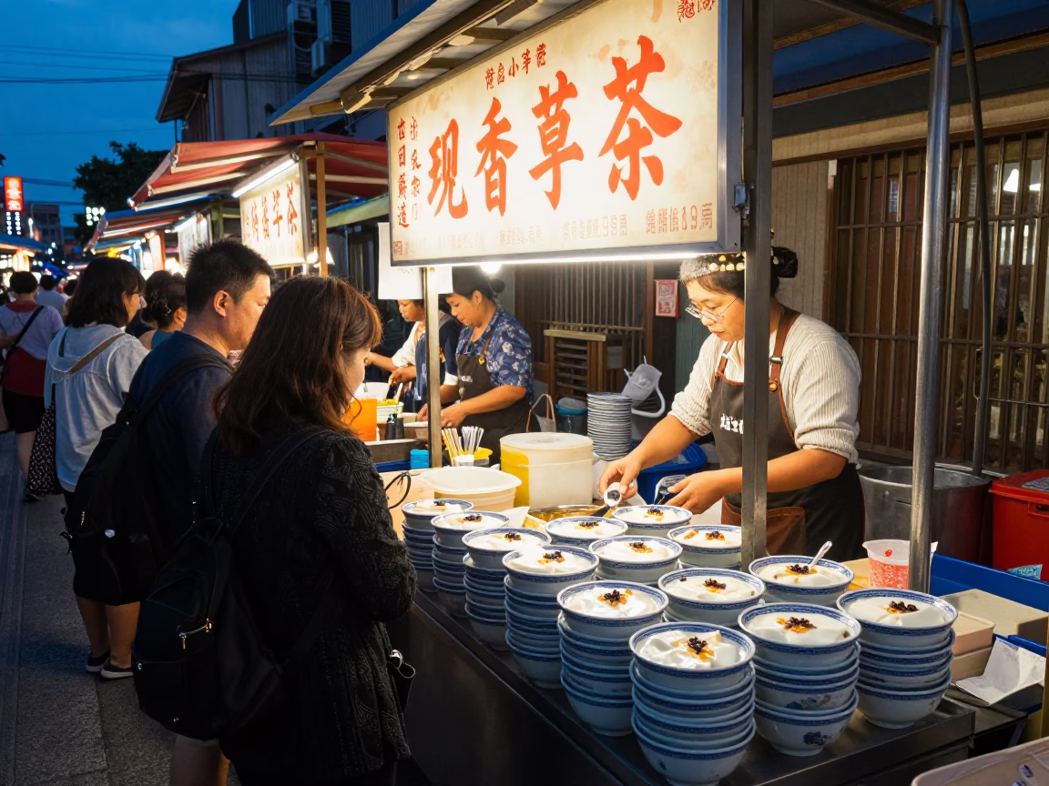 Evening Street Food Scene in Tainan Taiwan with Blue and White Porcelain in in Tainan, Taiwan