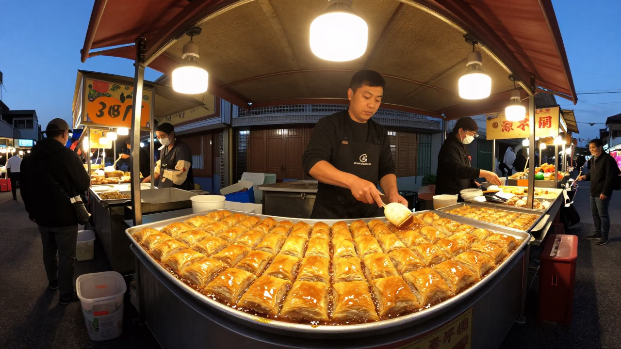Evening Street Food Scene in Tainan Taiwan with Honey Dripping Baklava in in Tainan, Taiwan