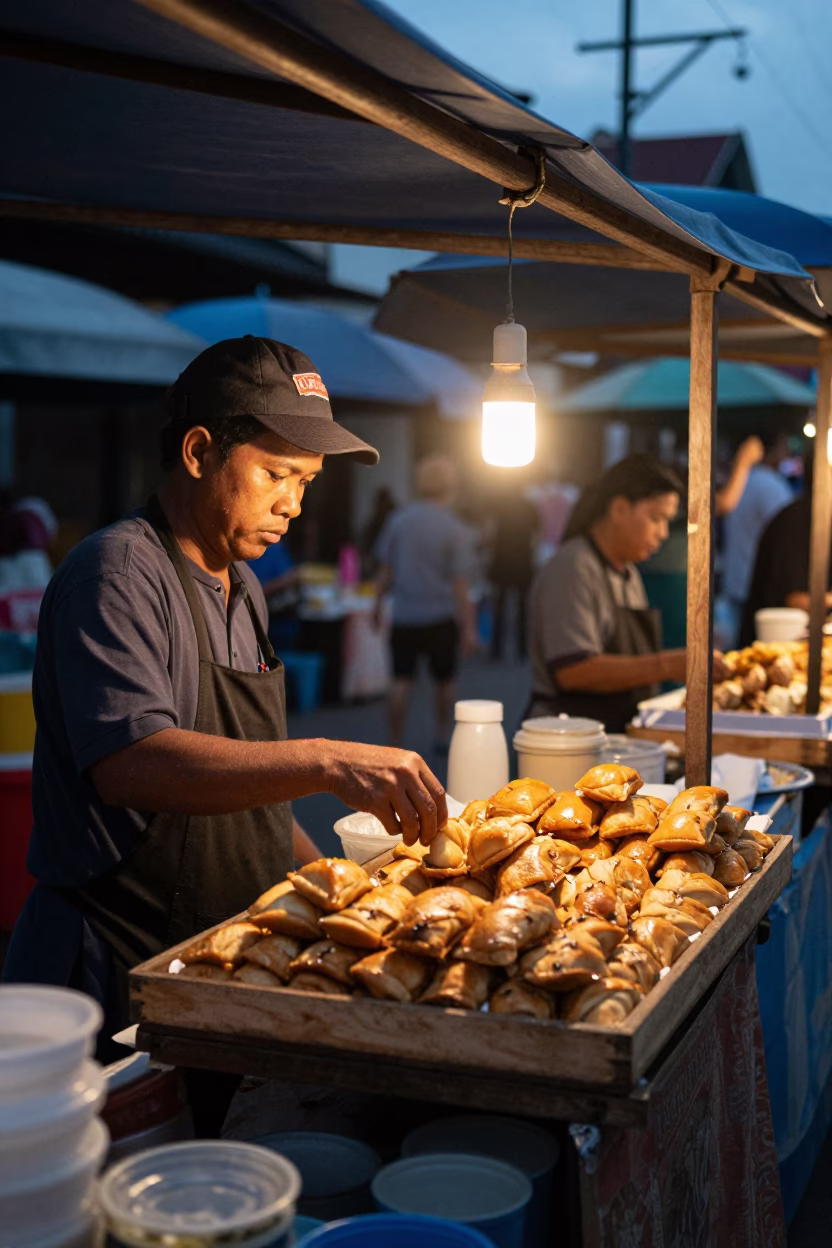 Evening Street Food Scene in Yogyakarta Indonesia with Local Snacks and Brass Details in in Yogyakarta, Indonesia