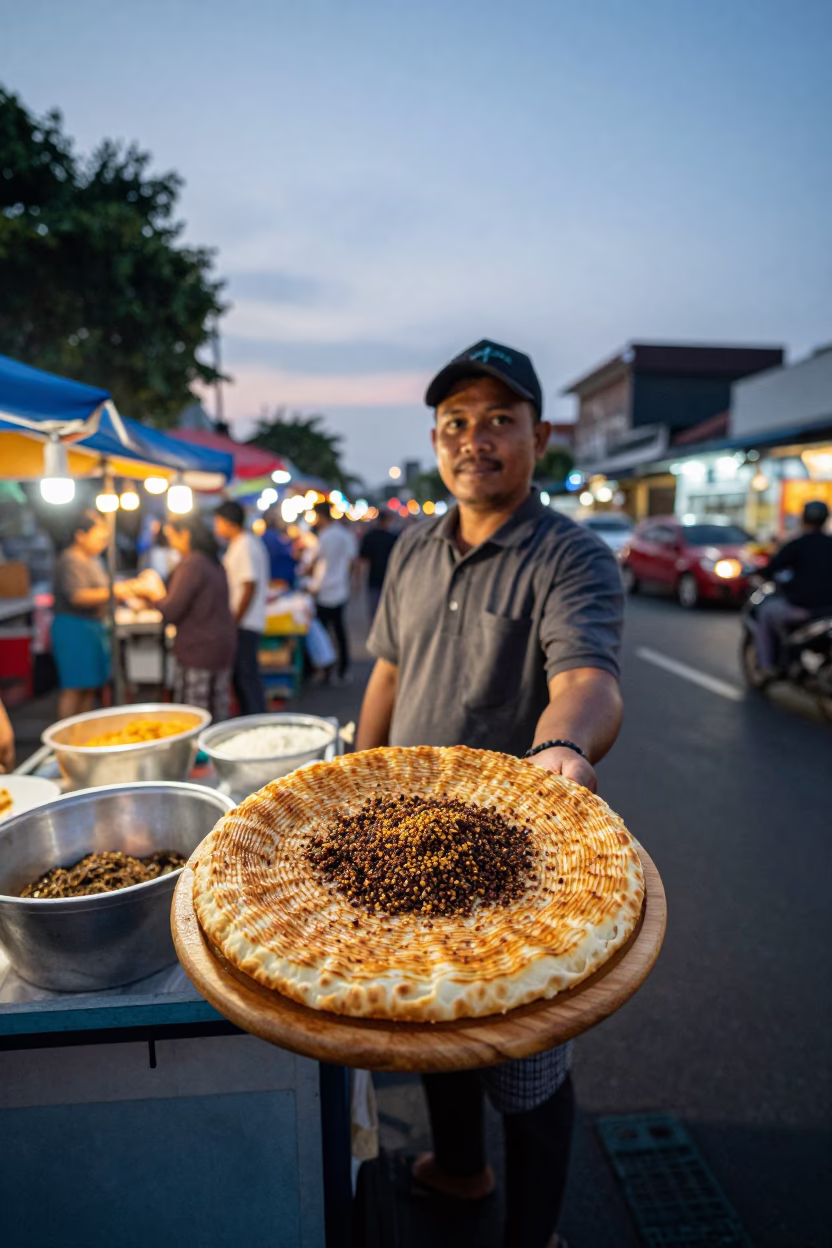 Evening Street Food Scene in Yogyakarta Indonesia with Manakeesh and Zaatar in in Yogyakarta, Indonesia