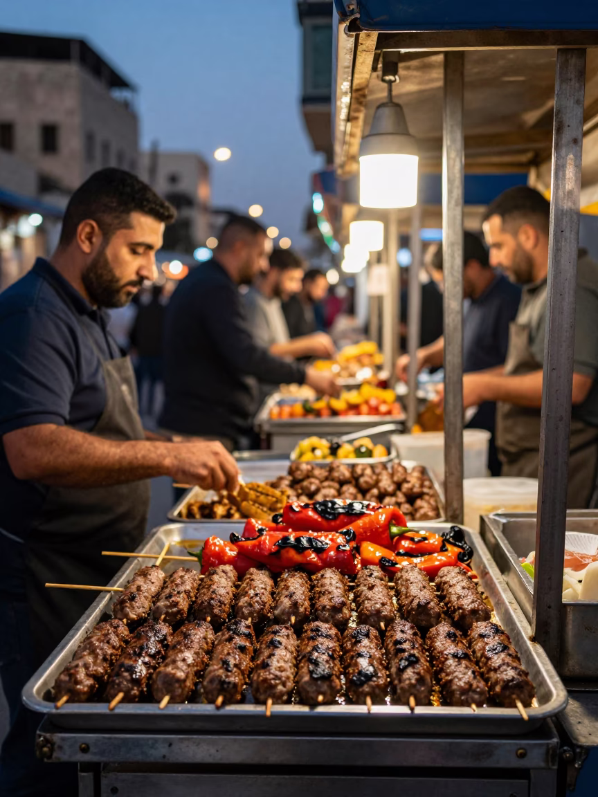 Evening Street Food Stall in Amman Jordan with Kofte and Grilled Peppers in in Amman, Jordan