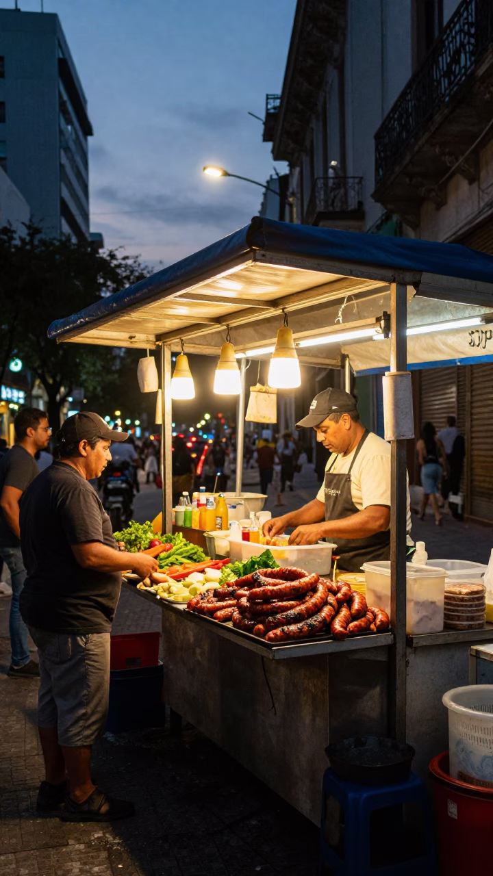 Evening street food stall in Buenos Aires with grilled chorizo and condiments in in Buenos Aires, Argentina