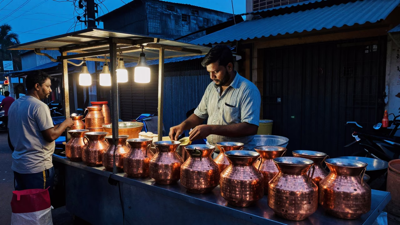 Evening Street Food Stall in Chennai India with Copper Vessels and Steam in in Chennai, India