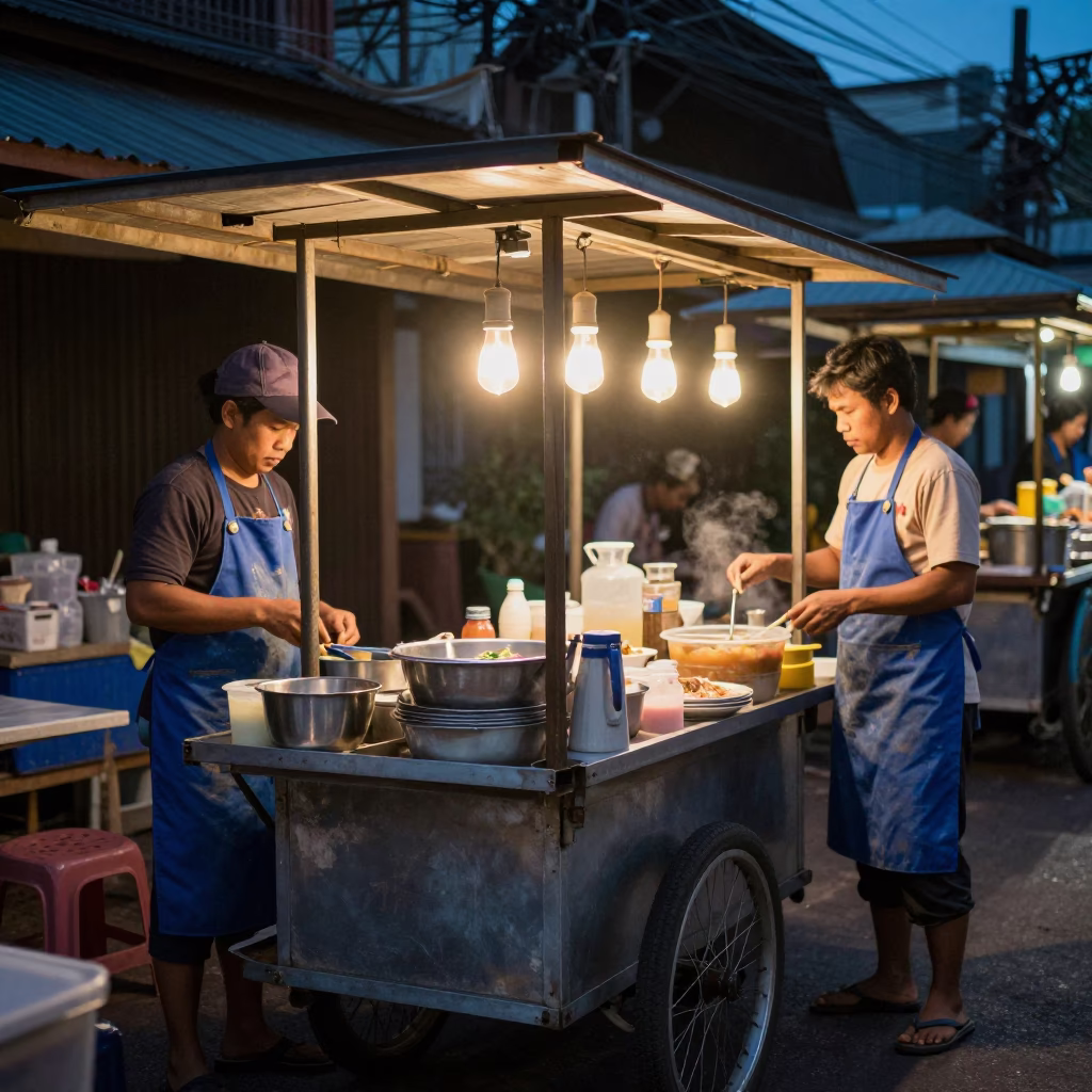 Evening Street Food Stall in Chiang Mai Thailand with Aprons and Lamps in in Chiang Mai, Thailand