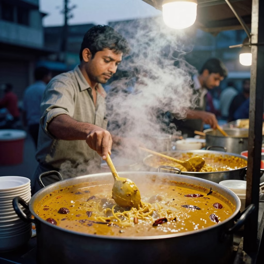 Evening Street Food Stall in Delhi India with Bubbling Curry and Measuring Cups in in Delhi, India
